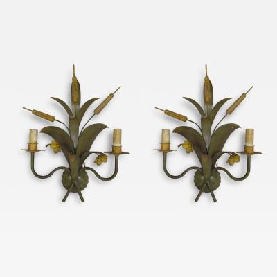  Maison Bagu s Pair French Mid Century Modern Hand Painted Toll Floral Sconces Maison Bagu s