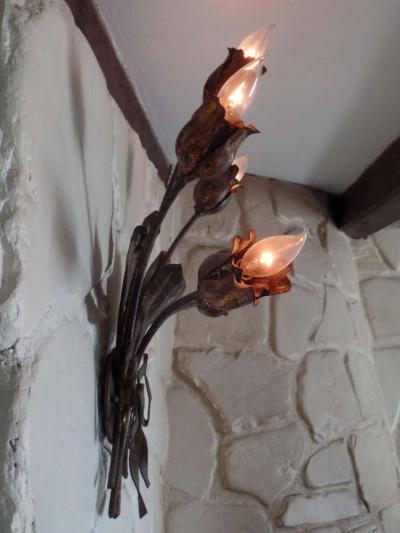  Maison Bagu s Pair Large French Mid Century Modern Gilt Iron Floral Wall Sconce Maison Bagues