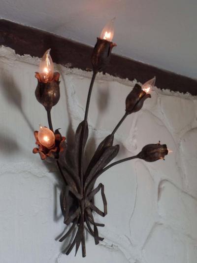  Maison Bagu s Pair Large French Mid Century Modern Gilt Iron Floral Wall Sconce Maison Bagues