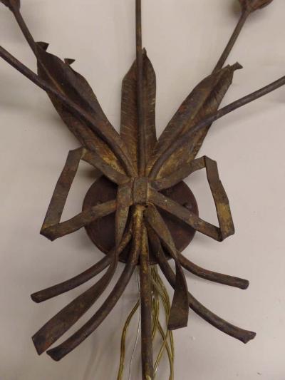  Maison Bagu s Pair Large French Mid Century Modern Gilt Iron Floral Wall Sconce Maison Bagues