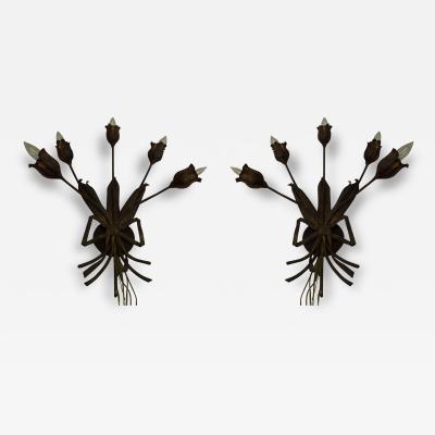  Maison Bagu s Pair Large French Mid Century Modern Gilt Iron Floral Wall Sconce Maison Bagues