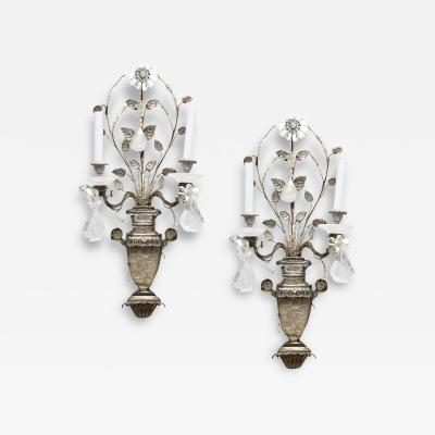  Maison Bagu s Pair of French Maison Bagues Crystal Rock and Silver Leaf Sconces 