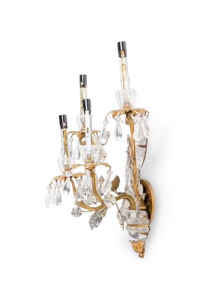  Maison Bagu s Pair of French Mid Century 4 Arm Glass and Bronze Peacock Wall Sconces