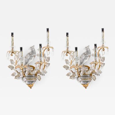  Maison Bagu s Pair of French Mid Century 4 Arm Glass and Bronze Peacock Wall Sconces