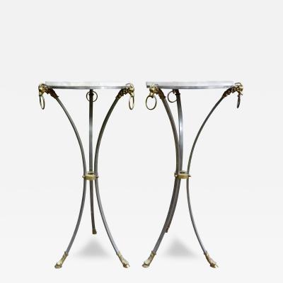  Maison Bagu s Pair of Italian Brushed Steel and Brass Pedestals with Travertine Tops