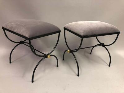  Maison Bagu s Pair of Mid Century Modern Neoclassical Wrought Iron and Gilt Benches or Stools