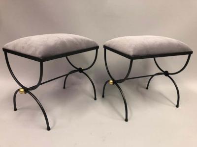  Maison Bagu s Pair of Mid Century Modern Neoclassical Wrought Iron and Gilt Benches or Stools