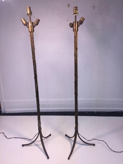  Maison Bagu s RARE PAIR OF MAISON BAGUES GILT BRONZE BAMBOO TRIPOD FLOOR LAMPS