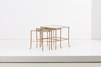  Maison Bagu s Set of 3 Bronze Bamboo Nesting Tables with Mirrors by Maison Bagu s France
