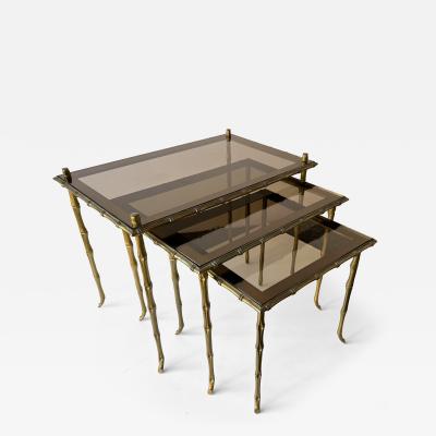 Maison Bagu s Set of 3 Nesting Tables Bamboo Gilt Bronze by Maison Bagu s France 1960s