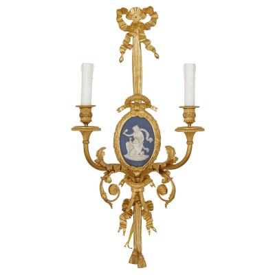  Maison Beurdeley Set of four Louis XVI style jasperware and gilt bronze wall sconces