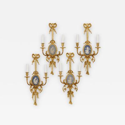  Maison Beurdeley Set of four Louis XVI style jasperware and gilt bronze wall sconces