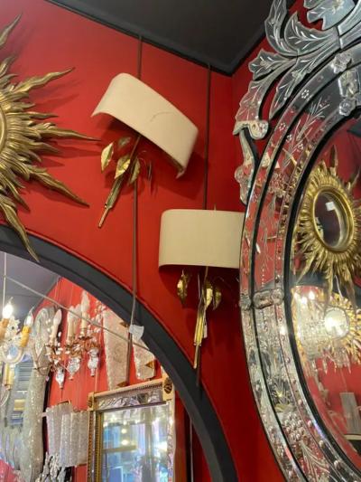  Maison Charles et Fils Two Pairs of Wall Lamps with Laurel Leaves attributed to Maison Charles In Brass