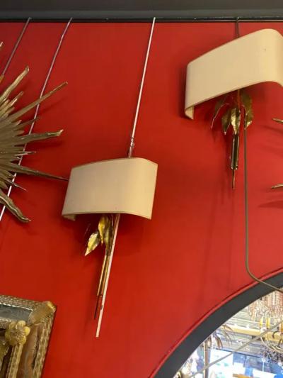  Maison Charles et Fils Two Pairs of Wall Lamps with Laurel Leaves attributed to Maison Charles In Brass