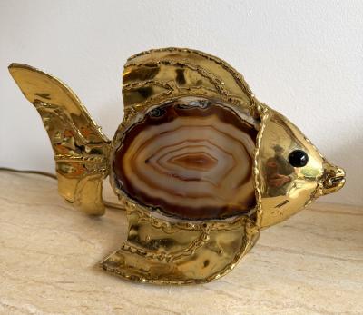  Maison Honor Paris Pair of Brass Agate Fish Lamps by Henri Fernandez France 1980s