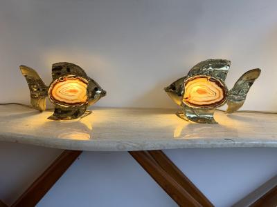  Maison Honor Paris Pair of Brass Agate Fish Lamps by Henri Fernandez France 1980s