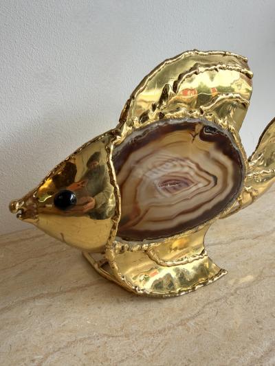  Maison Honor Paris Pair of Brass Agate Fish Lamps by Henri Fernandez France 1980s