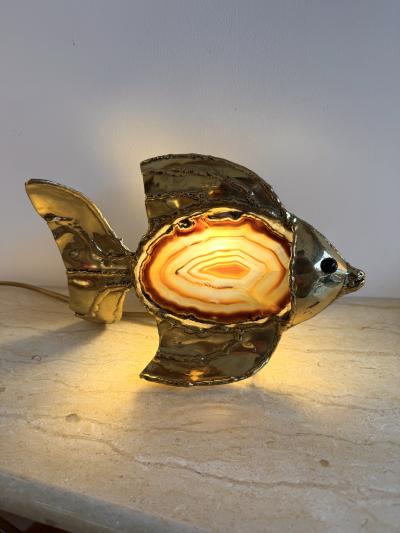  Maison Honor Paris Pair of Brass Agate Fish Lamps by Henri Fernandez France 1980s