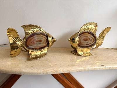  Maison Honor Paris Pair of Brass Agate Fish Lamps by Henri Fernandez France 1980s