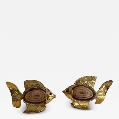  Maison Honor Paris Pair of Brass Agate Fish Lamps by Henri Fernandez France 1980s