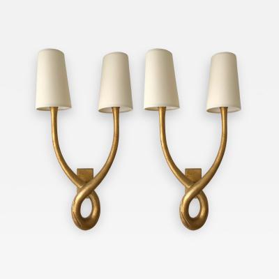  Maison Lucien Gau Pair of Sconces Bronze Gold Leaf by Maison Gau France 1980s