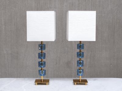  Malm metallvarufabrik AB Pair of Malm Metallvarufabrik Brass and Blue Glass Table Lamps Sweden 1950s