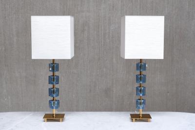  Malm metallvarufabrik AB Pair of Malm Metallvarufabrik Brass and Blue Glass Table Lamps Sweden 1950s