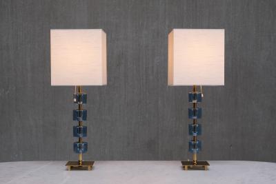  Malm metallvarufabrik AB Pair of Malm Metallvarufabrik Brass and Blue Glass Table Lamps Sweden 1950s