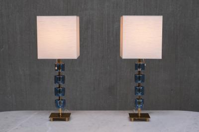  Malm metallvarufabrik AB Pair of Malm Metallvarufabrik Brass and Blue Glass Table Lamps Sweden 1950s