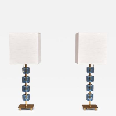  Malm metallvarufabrik AB Pair of Malm Metallvarufabrik Brass and Blue Glass Table Lamps Sweden 1950s