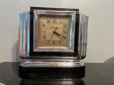 Manning Bowman Co MONUMENTAL ART DECO BLACK BAKELITE AND CHROME CLOCK BY MANNING BOWMAN