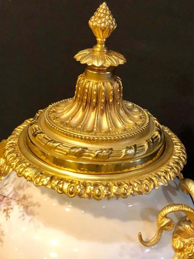  Manufacture Nationale de S vres Sevres Porcelain French Serves Painted Rams Head Bronze Mounted Lidded Vase Centerpiece or Urn