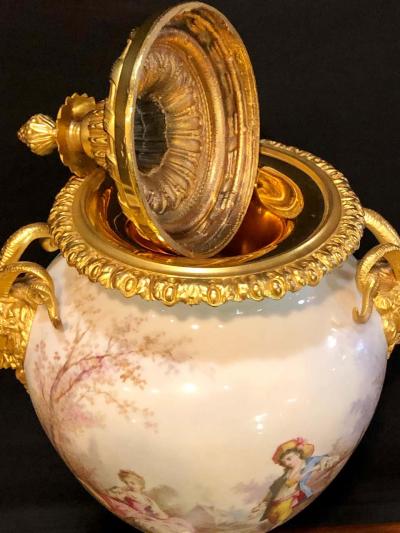  Manufacture Nationale de S vres Sevres Porcelain French Serves Painted Rams Head Bronze Mounted Lidded Vase Centerpiece or Urn