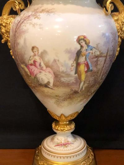  Manufacture Nationale de S vres Sevres Porcelain French Serves Painted Rams Head Bronze Mounted Lidded Vase Centerpiece or Urn