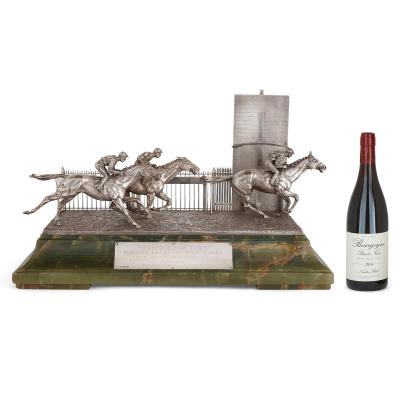  Mappin Webb Silver and onyx horse racing sculpture by Mappin and Webb