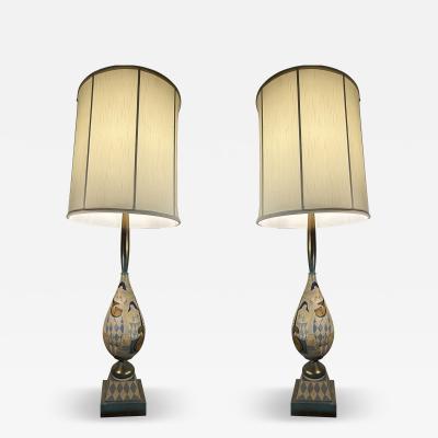  Marbro Lamp Company ITALIAN MID CENTURY PAIR OF PIERROTS PLAYING MANDOLIN GUITAR CERAMIC LAMPS
