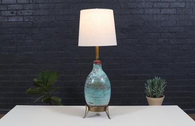  Marbro Lamp Company Mid Century Glazed Ceramic w Brass Tripod Base Table Lamp by Marbro