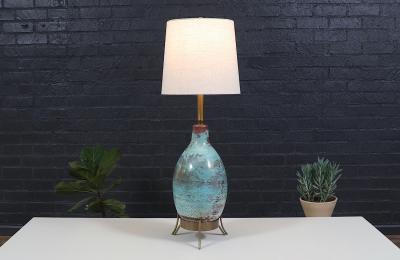  Marbro Lamp Company Mid Century Glazed Ceramic w Brass Tripod Base Table Lamp by Marbro