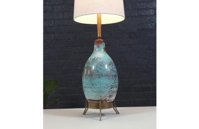  Marbro Lamp Company Mid Century Glazed Ceramic w Brass Tripod Base Table Lamp by Marbro