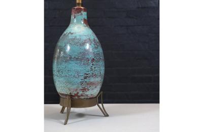  Marbro Lamp Company Mid Century Glazed Ceramic w Brass Tripod Base Table Lamp by Marbro