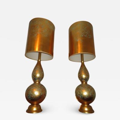  Marbro Lamp Company Monumental Pair of Gold Leaf Gourd Shaped Hollywood Regency Modern Lamps