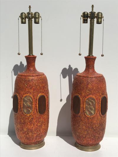  Marbro Lamp Company Pair of Orange Lave Glazed Ceramic Lamps