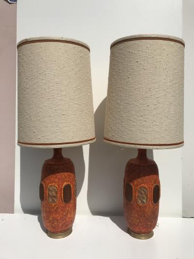  Marbro Lamp Company Pair of Orange Lave Glazed Ceramic Lamps