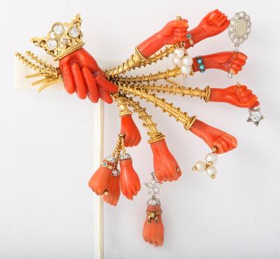 Marchak Surrealist Coral Gem Hand Brooch by Marchack Paris