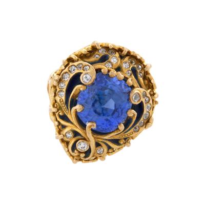  Marcus Co Marcus Company Blue Sapphire Old European Diamond Gold and Enamel Ring