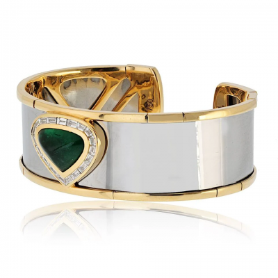  Marina B Marina B 18K Yellow Gold Green Emerald And Diamond Cuff Bracelet