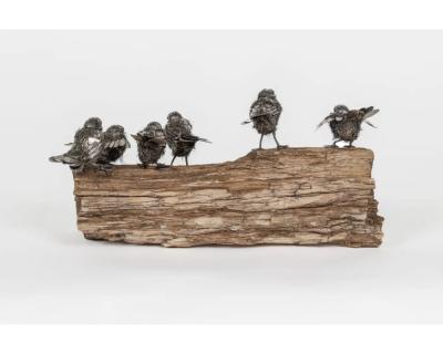  Mario Buccellati Adorable Family of Six Buccellati Sterling Silver Furry Chicks on Petrified Wood