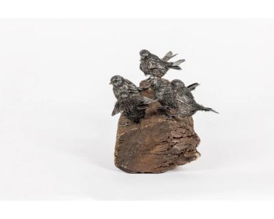  Mario Buccellati Adorable Family of Six Buccellati Sterling Silver Furry Chicks on Petrified Wood
