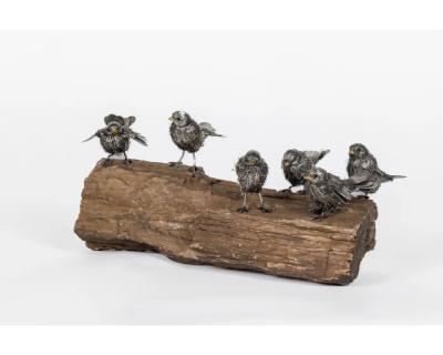  Mario Buccellati Adorable Family of Six Buccellati Sterling Silver Furry Chicks on Petrified Wood