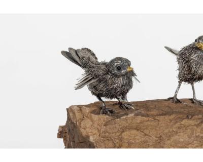  Mario Buccellati Adorable Family of Six Buccellati Sterling Silver Furry Chicks on Petrified Wood